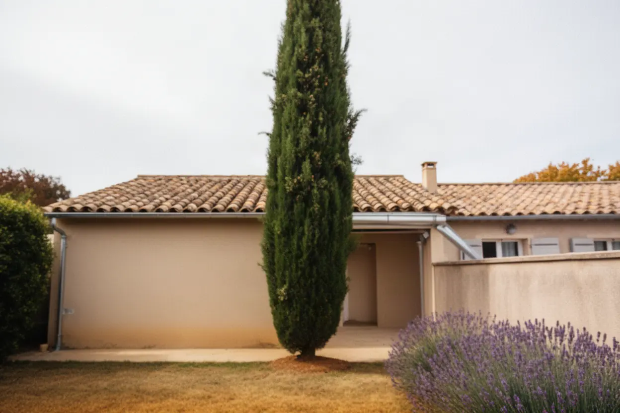 Cyprès incliné près d'une maison à Nîmes