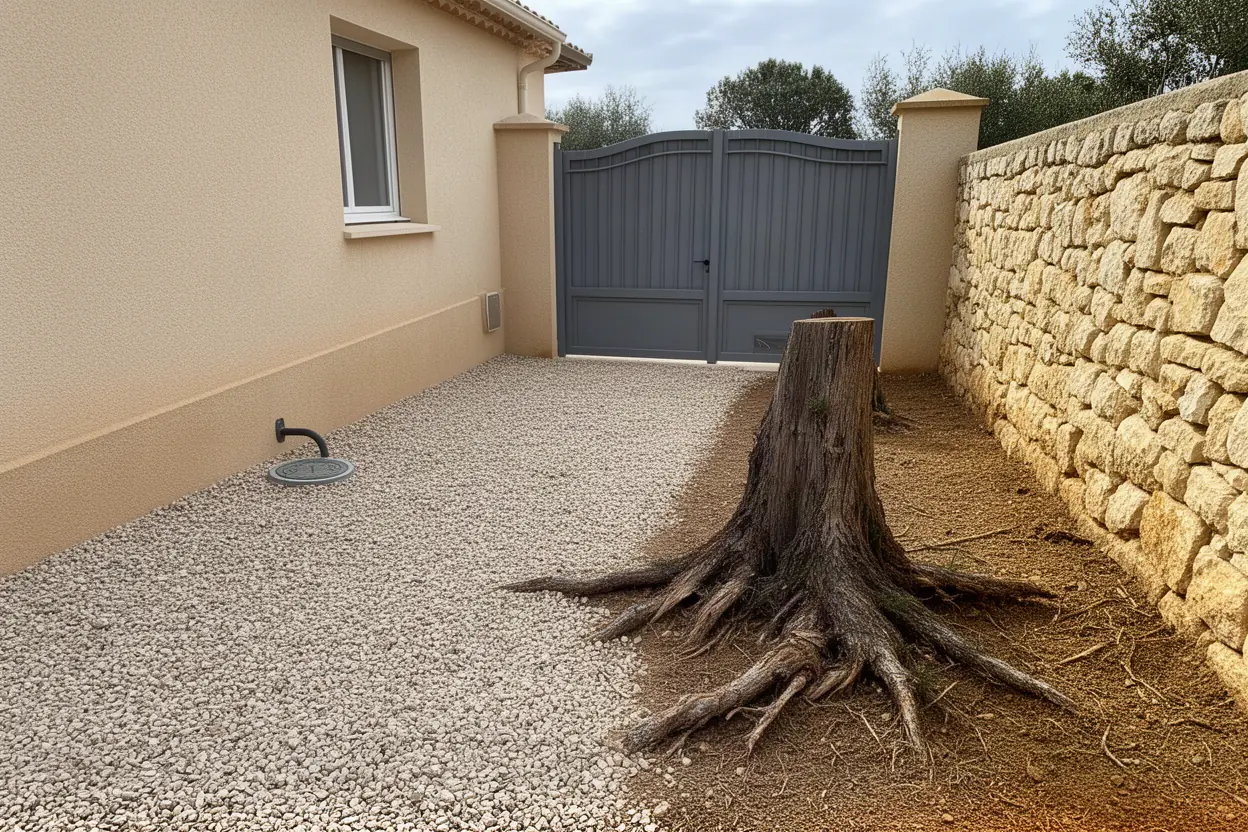 Souche de cyprès près d'un muret à Caveirac