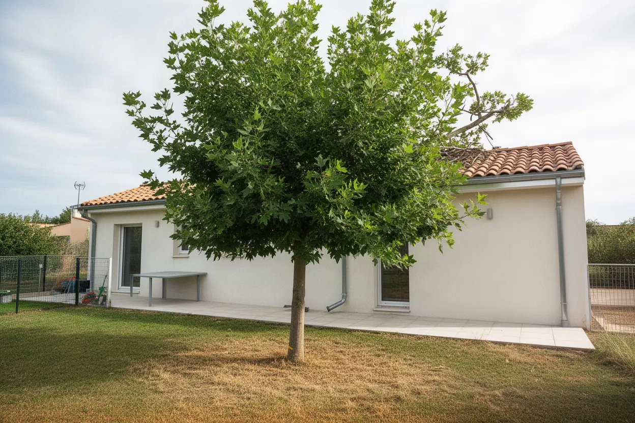 Micocoulier de Milhaud touchant la toiture