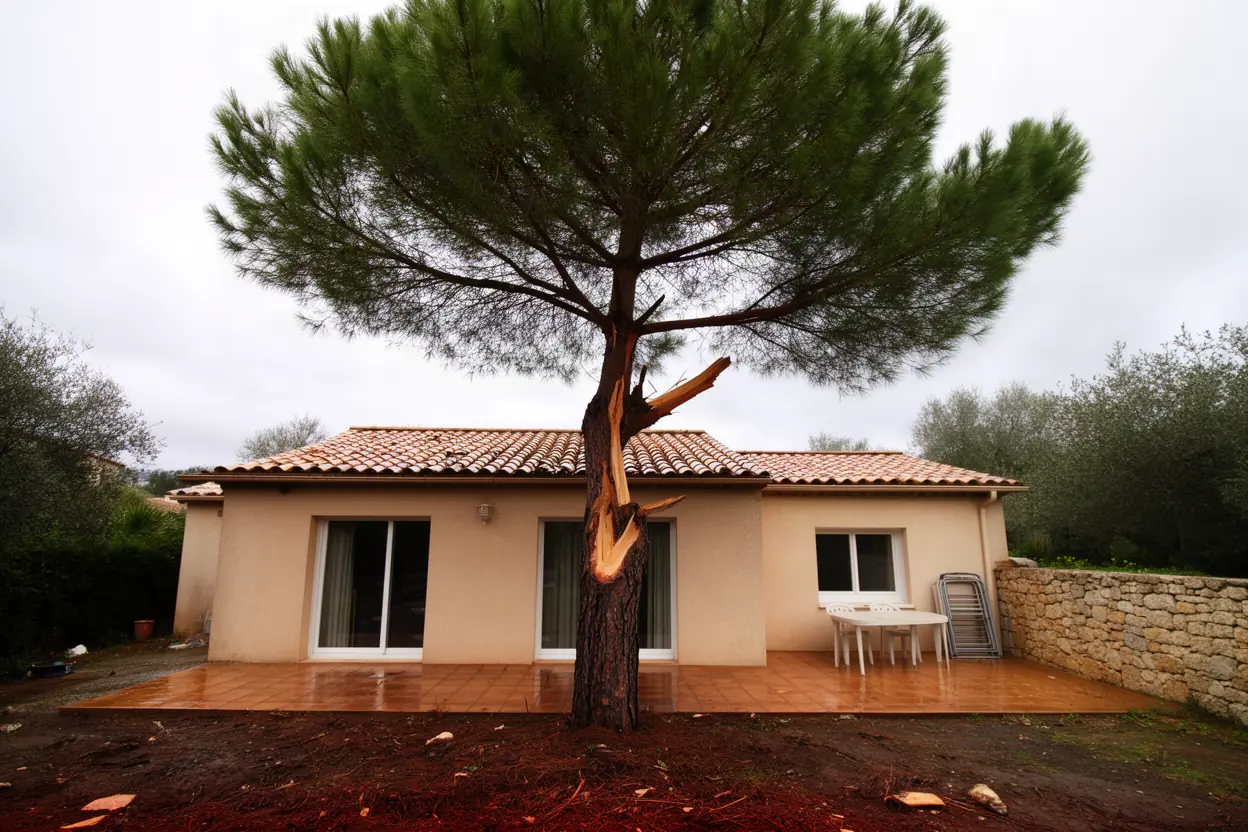 Pin fissuré dominant une terrasse à Caveirac avant sécurisation