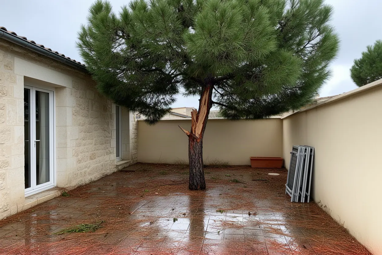Pin fendu menaçant une terrasse à Nîmes