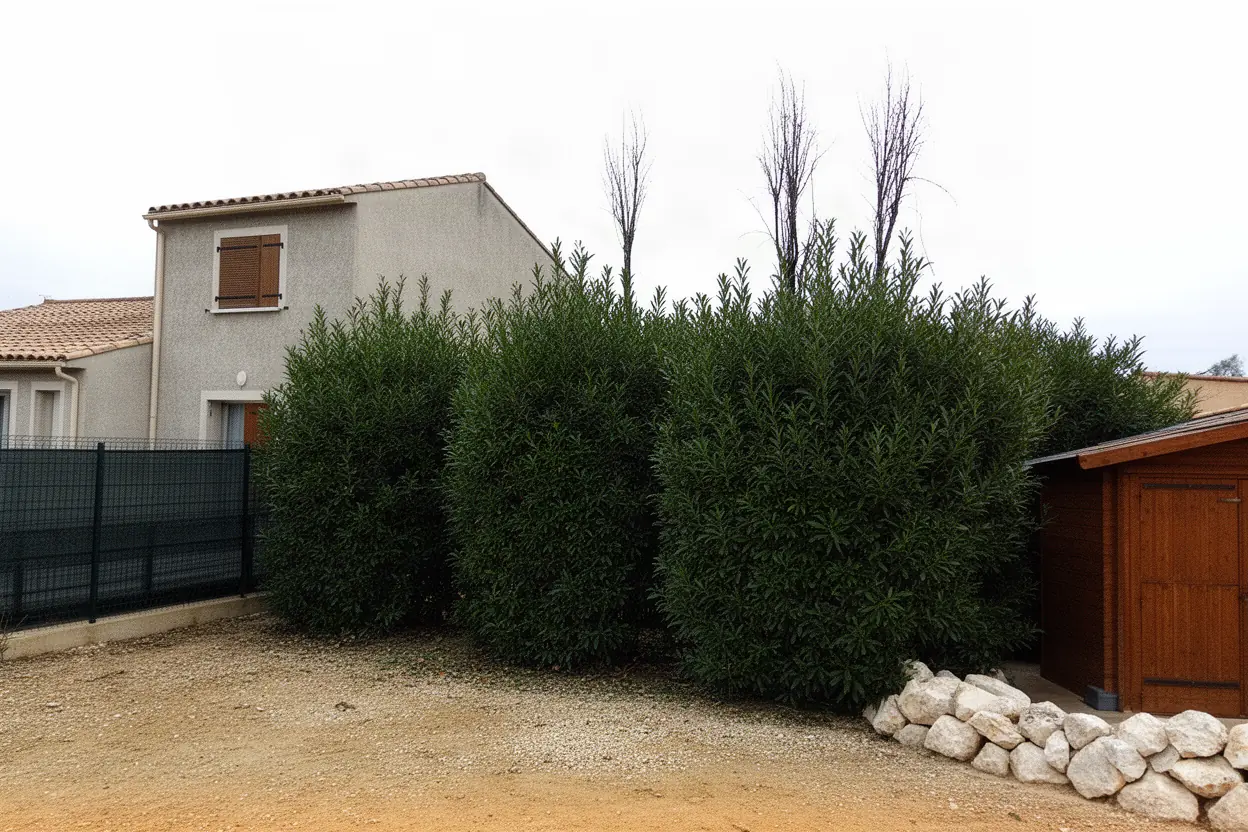 Haie haute avec bois sec avant taille à Milhaud
