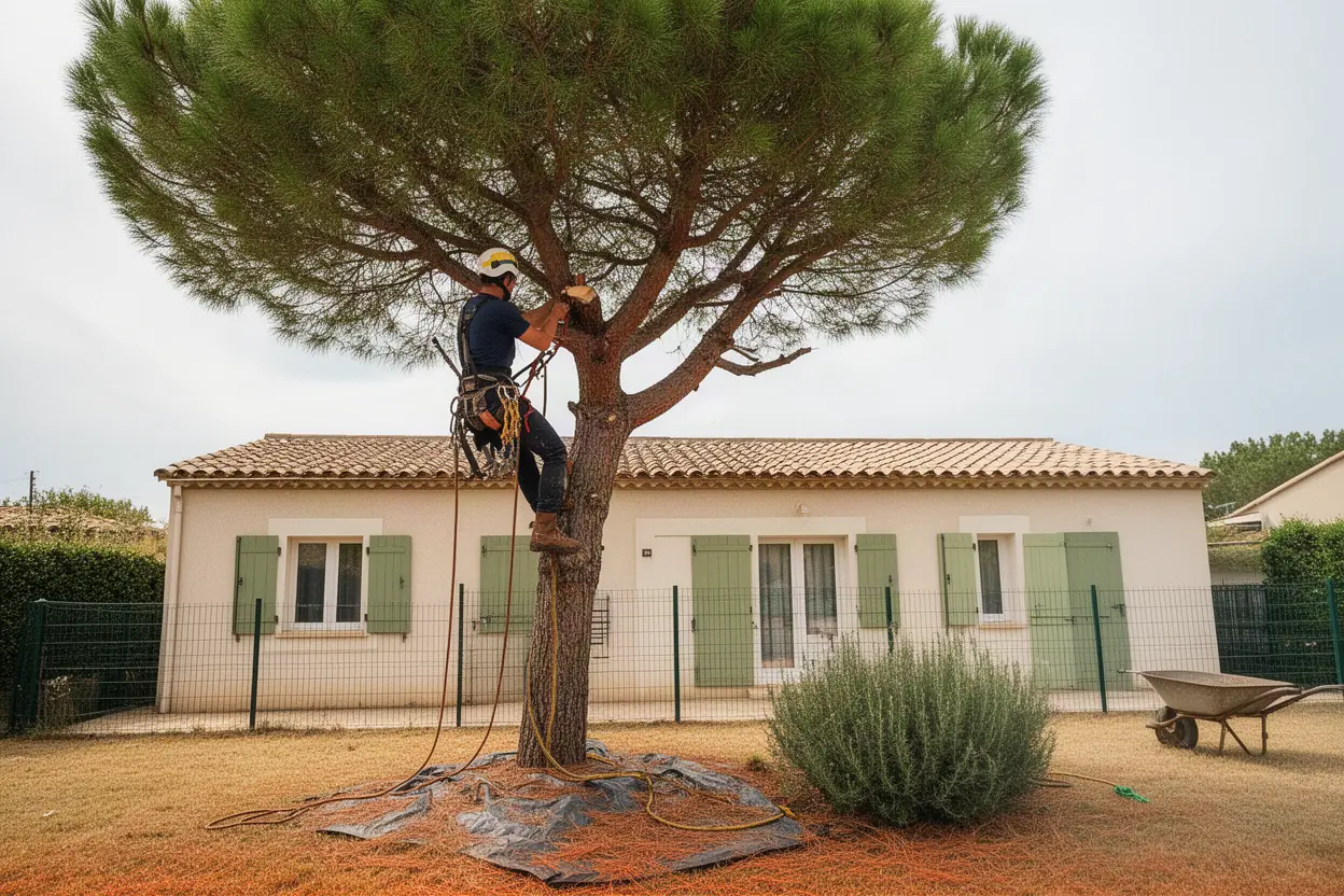 Élagueur taillant un pin adulte à Nîmes