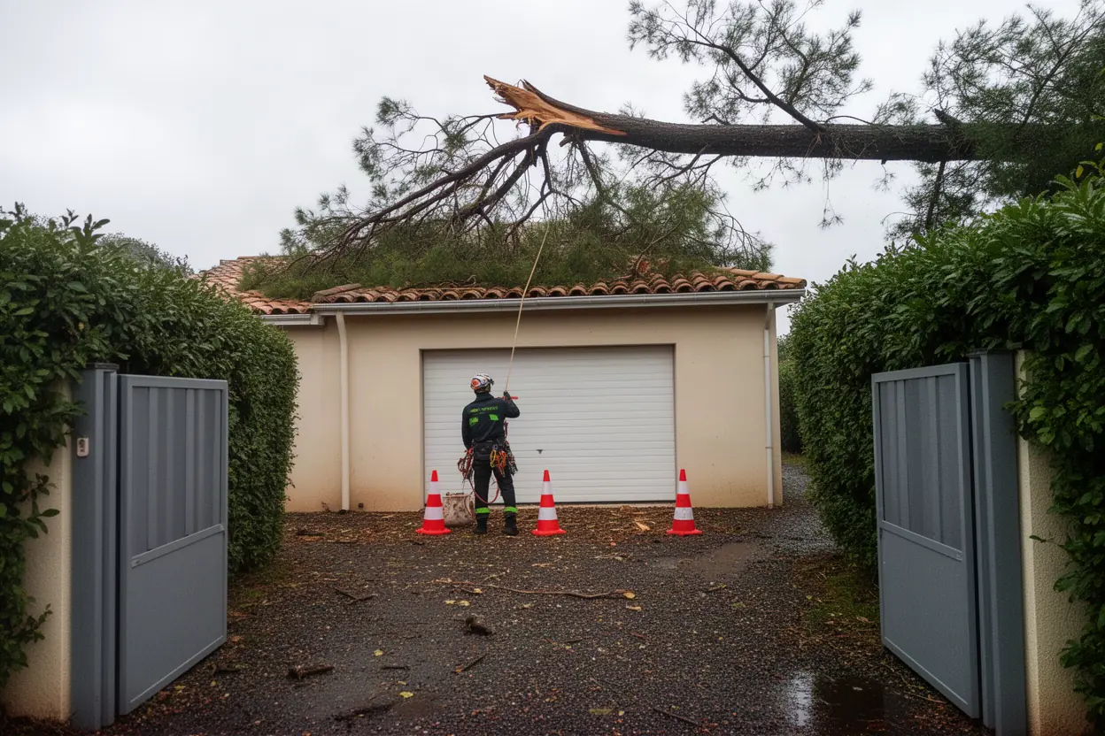Élagueur sécurisant un arbre après tempête à Nîmes
