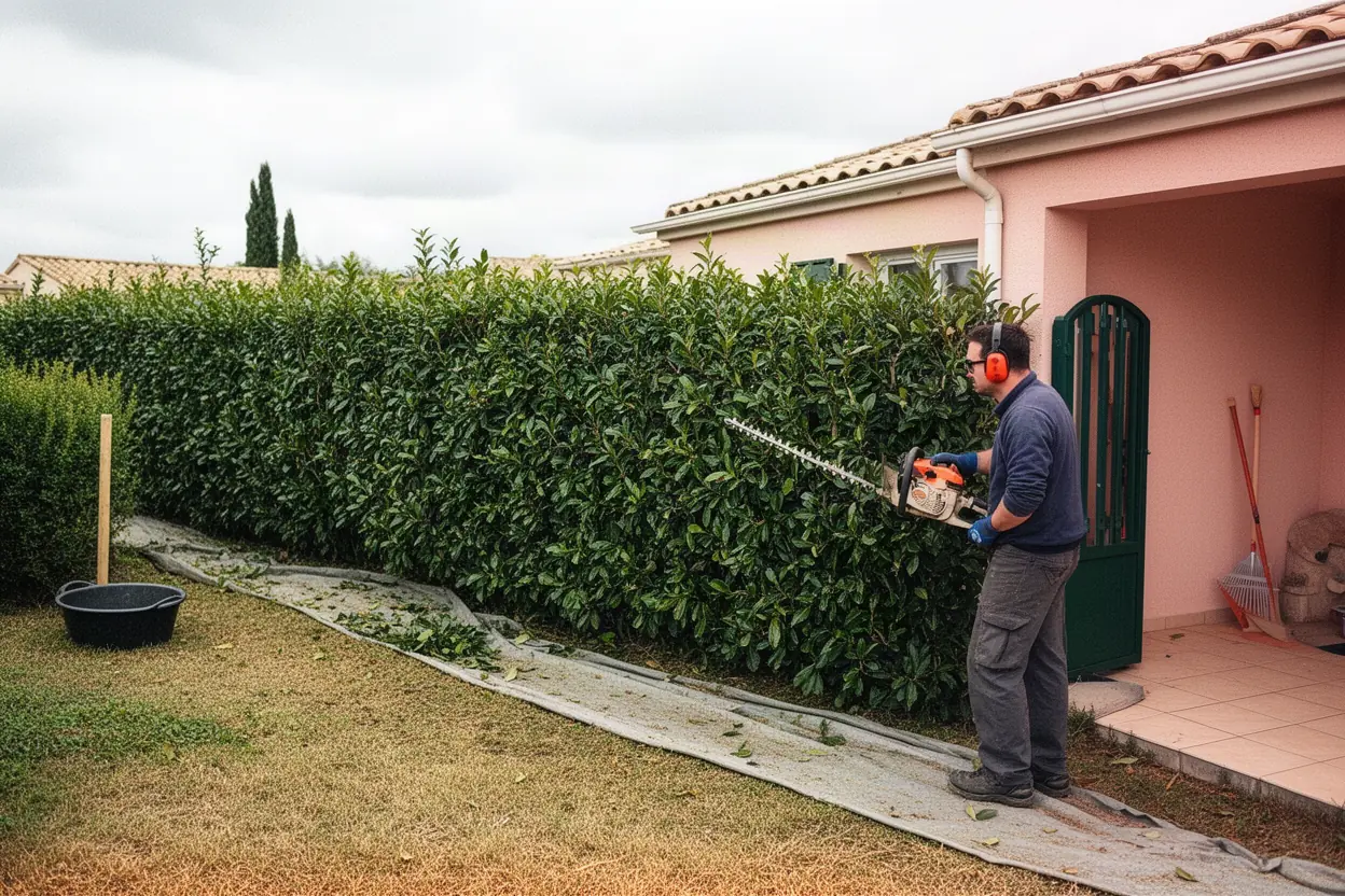Jardinier taillant une haie de cyprès à Manduel